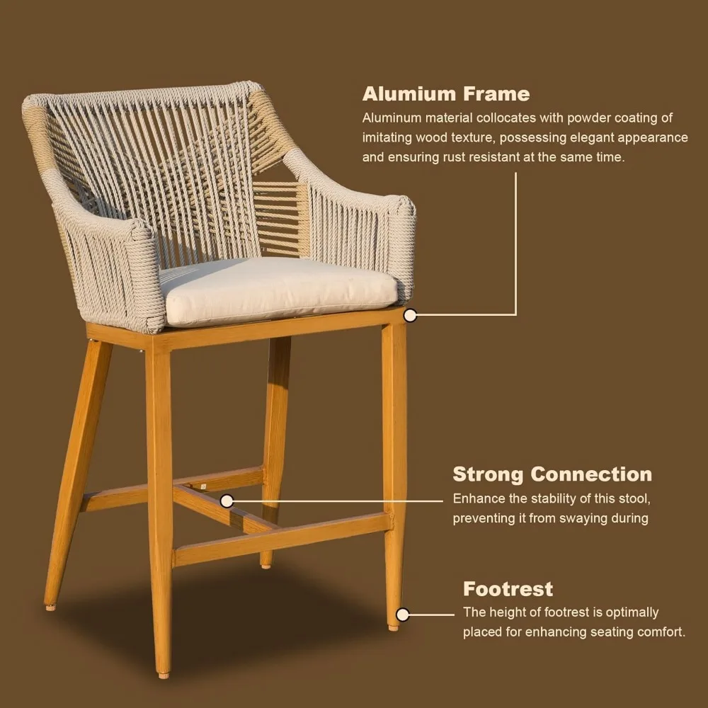 

Counter Height Bar Stool Set of 2 – Outdoor Rope & Aluminum Frame, Square Arm & Backrest, Includes Cushion​