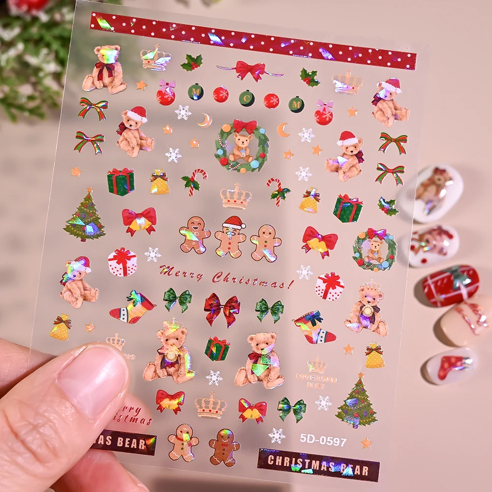 1 Uds. 5D cristal brillante pegatina artística para uñas de Navidad lindo arco oso copo de nieve verde árbol de Navidad pegatina para uñas DIY Año Nuevo Navidad uñas Dec