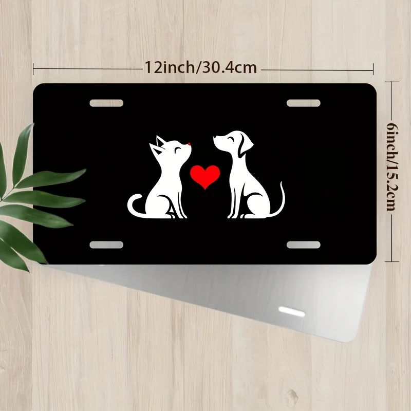 2D Flat, 1pc 2D Flat Poster Cat and Dog Heart-Shaped Front License Plate Cover and Frame, Aluminum License Plate Cover and Frame