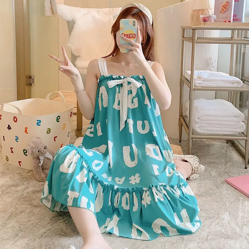 Women's Summer Sexy  Pregnant Women Can Wear Long Knee Pajamas Age Reduction Comfortable Sleepshirts Modal Suspender Nightgown