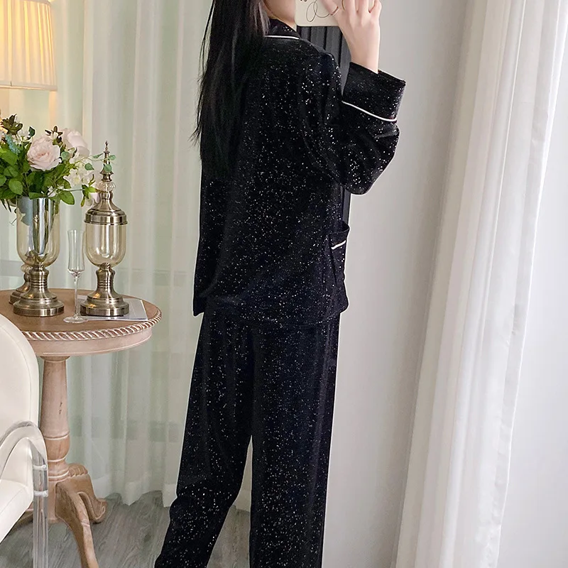 Zwart Fluwelen Lange Mouwen Broekpakken Herfst Winter Dames Pyjama Set Pyjama Pour Femme Velour Losse Casual Homewear Loungewear