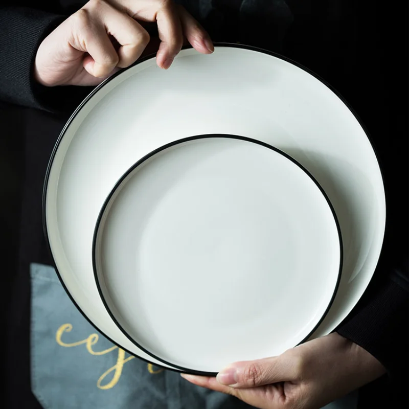 Nordic Underglaze Ceramic Plate White Black Border Western Steak Plate Creative Flat Tableware Restaurant Dessert Storage Tray