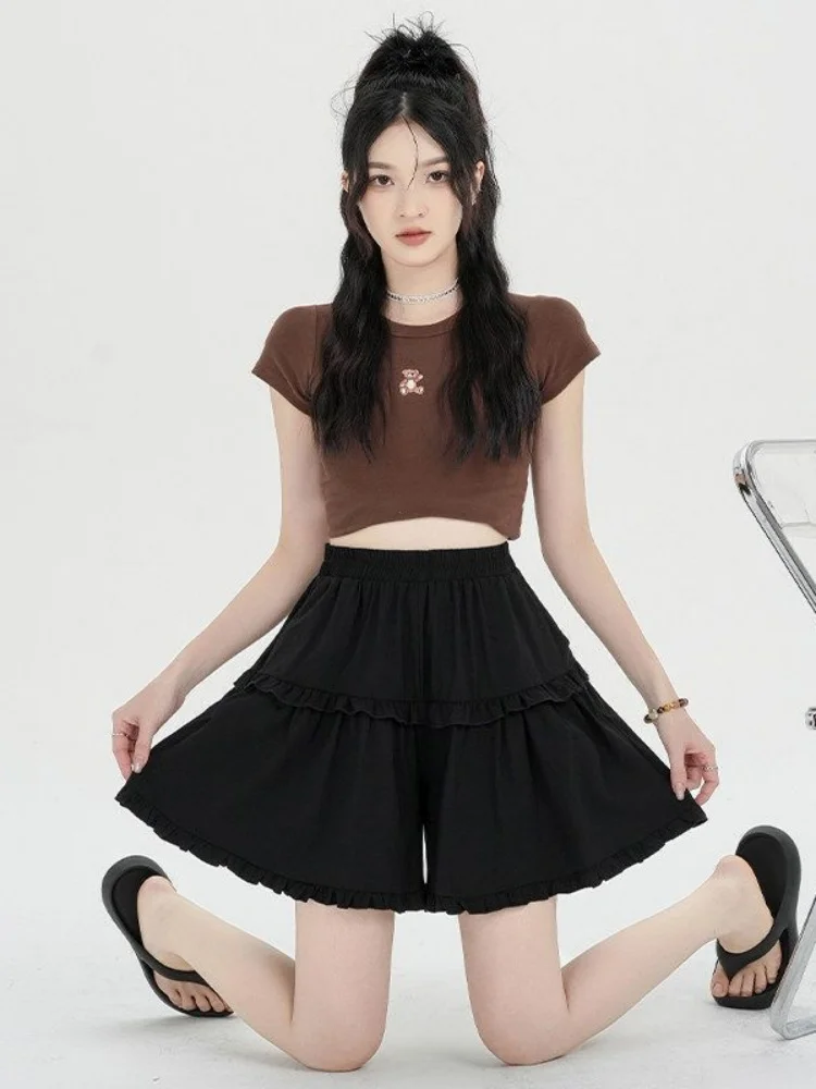 Black High Waist Wide Leg Short Pants Women's Summer Thin Ice Silk Loose Five-Quarter Sports Casual Workwear Skirts