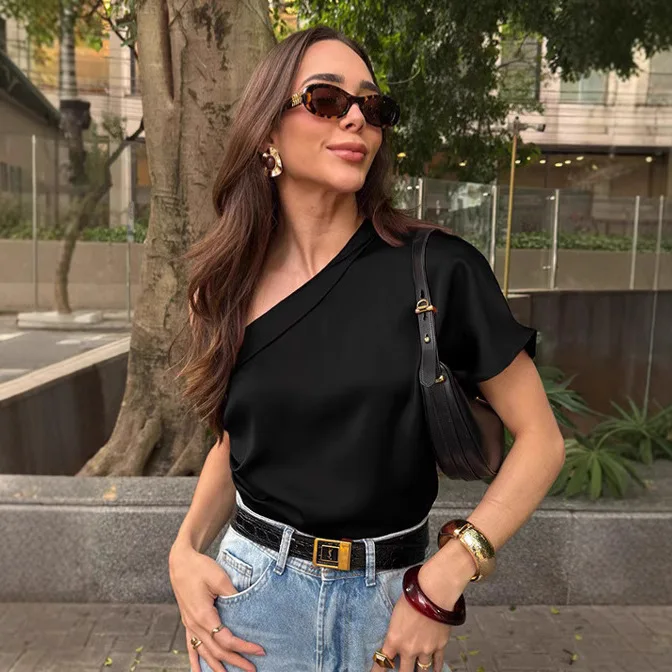 Niche Retro Diagonal Neck Short-sleeved T-shirt Women's 2026 Summer Fashion with Satin Top