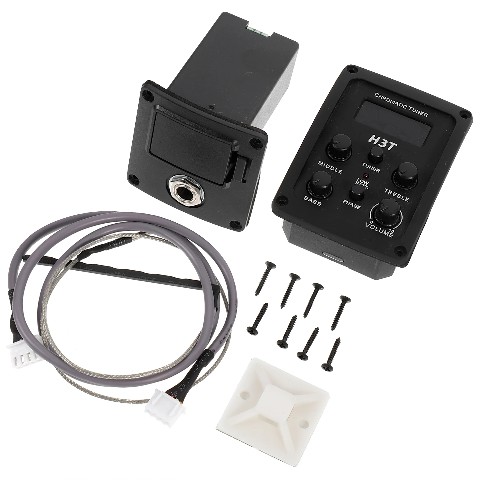 

4 Band Acoustic Guitar EQ Preamp Equalizer LCD Tuner Piezo Pickup Wire Mounting Screws Suction Cup Black Low LED