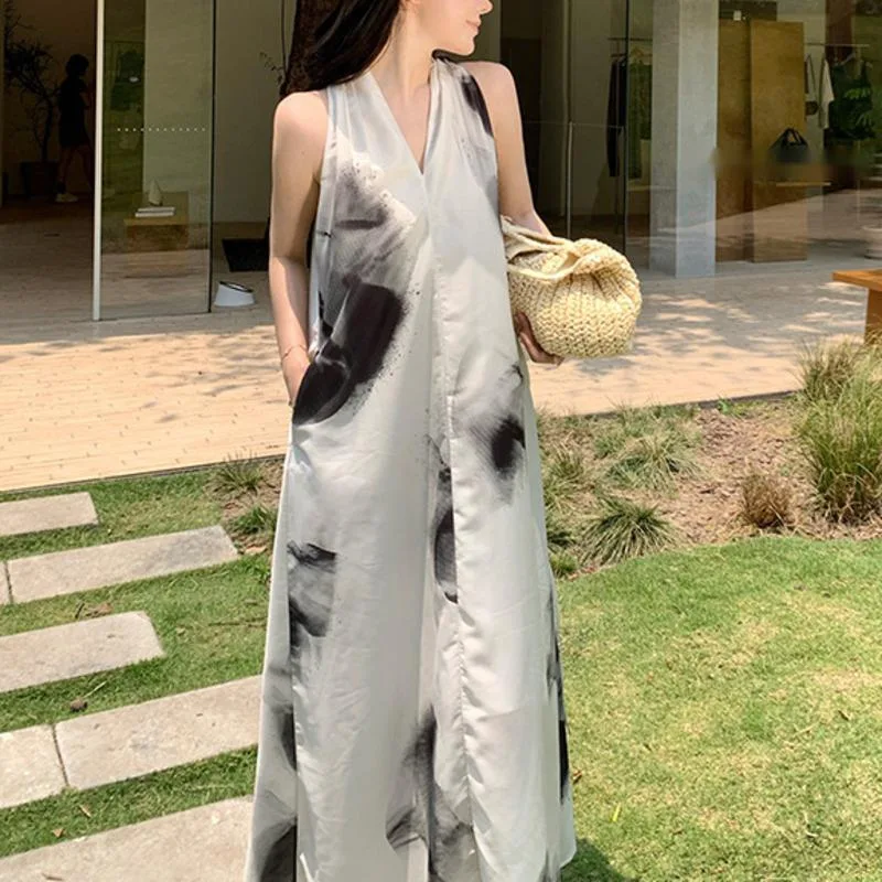 HKSH 夏の新しい女性の休暇スタイルハイストリートカジュアルエレガントな気質トレンディなホルターネックタイダイストラップロングドレス HK6361