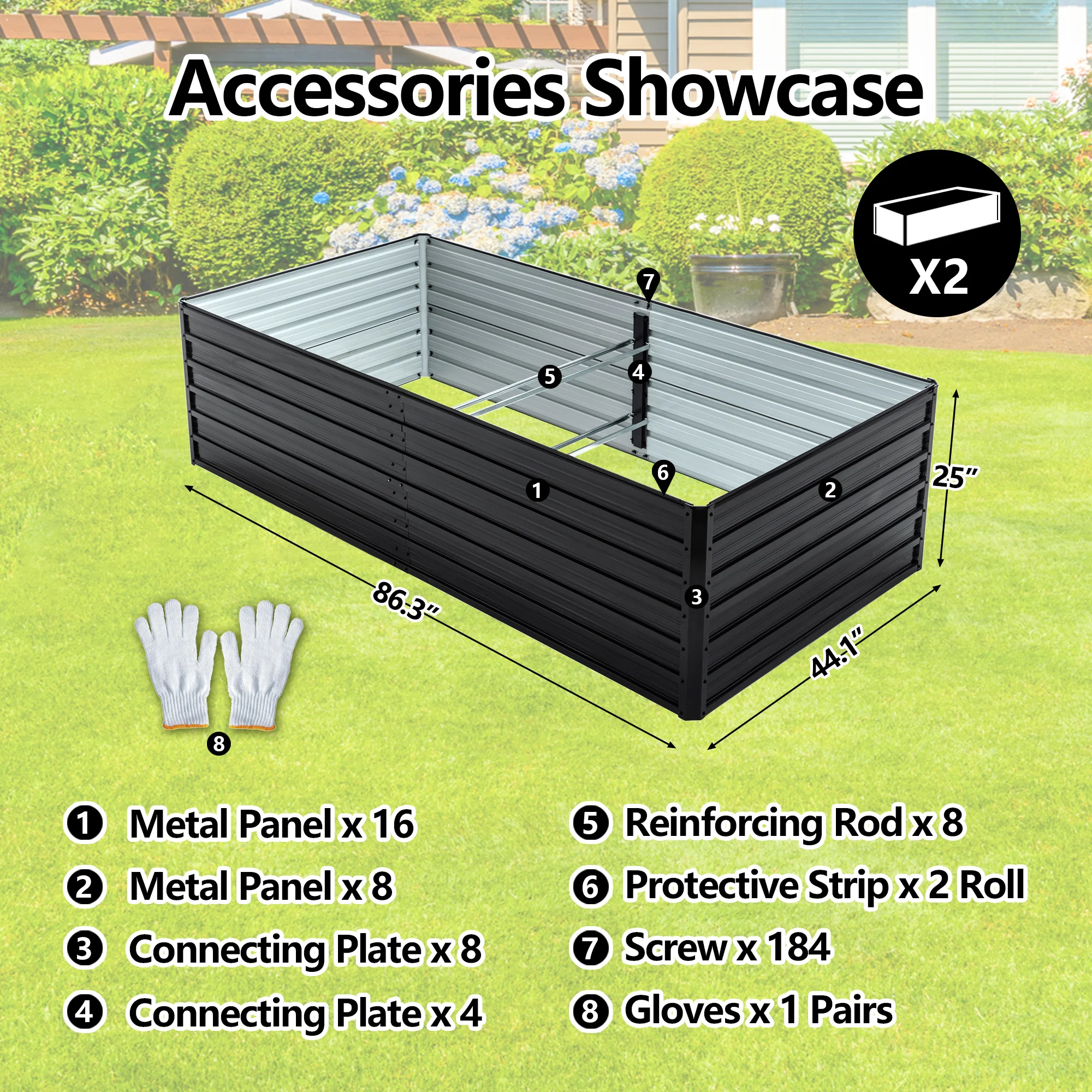 Garden Bed 2 Pack 8x4x2 ft Sturdy Heavy Duty Galvanized Metal Planter Box Set Outdoor Vegetable Flower Herbs Fruits Black