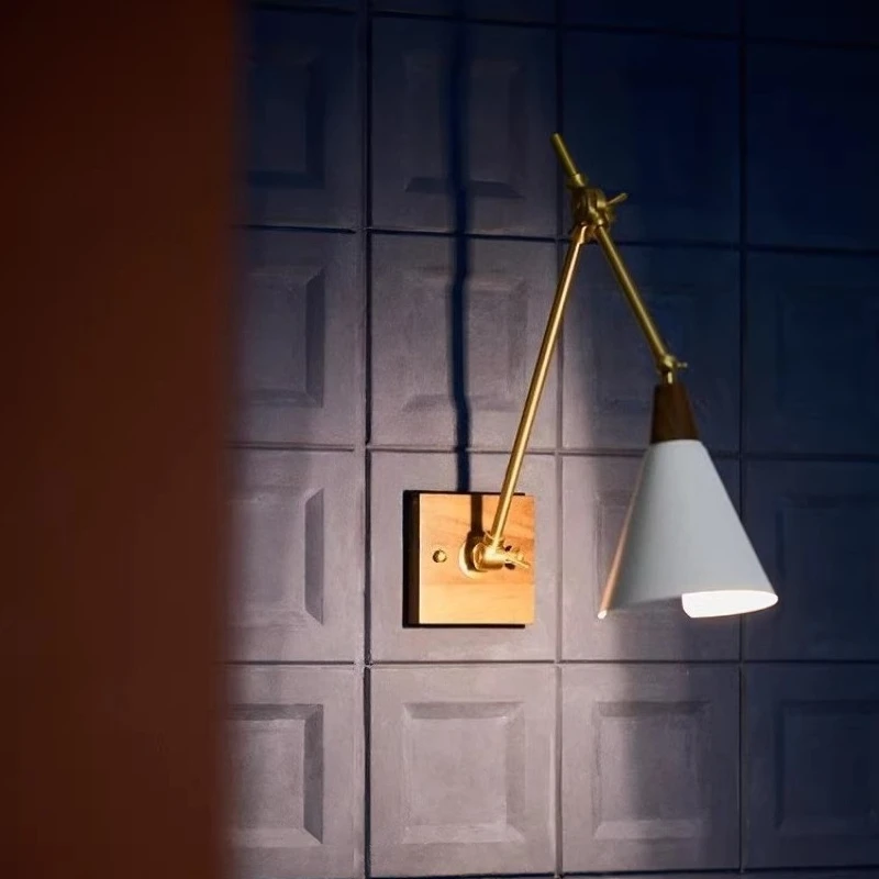 Copper LED Wall Lamp French Retro Wall Light Walnut Wood Bedroom Bedside Lighting Lamps Multi Angle Adjustable Reading Lights
