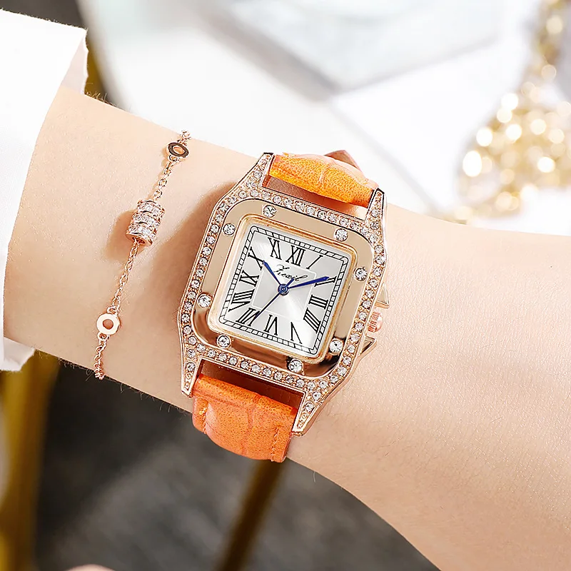 Luxurious Vintage Square Women Quartz Watch Featuring Diamond Encrusted Bezel Roman Numeral Dial and Soft Leather Strap Elegant
