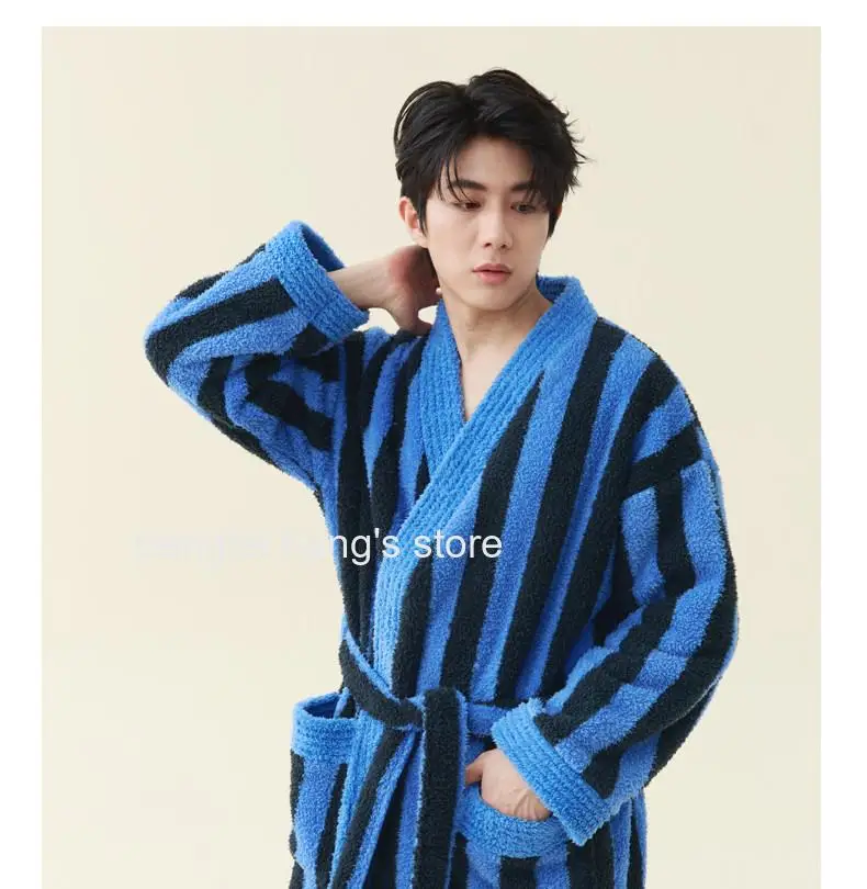 Men Autumn Winter Coral Fleece Bathrobe Thick Warm Extra Long Couple Sleepwear Set Soft Loose Indoor Home Loungewear