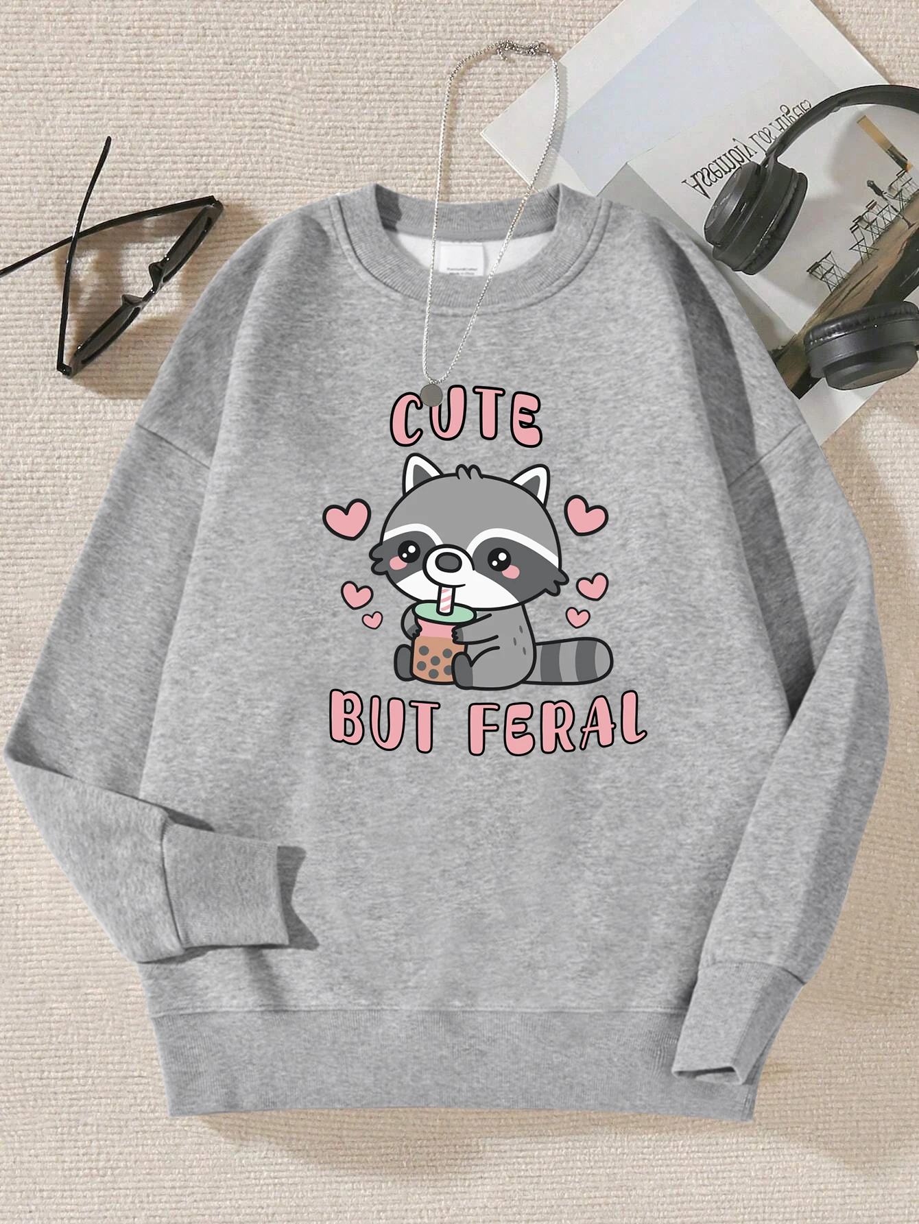 Cute Raccons But Feral Printed Sweatshirt Fashion Warm Pullovers Casual Trendy Clothes Street Women Comfortable Sportswear