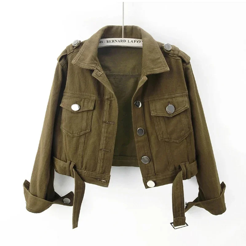 Spring Vintage Army Green Black Khaki Denim Jacket Women Hem Belt Big Pocket Cowboy Outerwear Loose Short Jeans Jackets Female