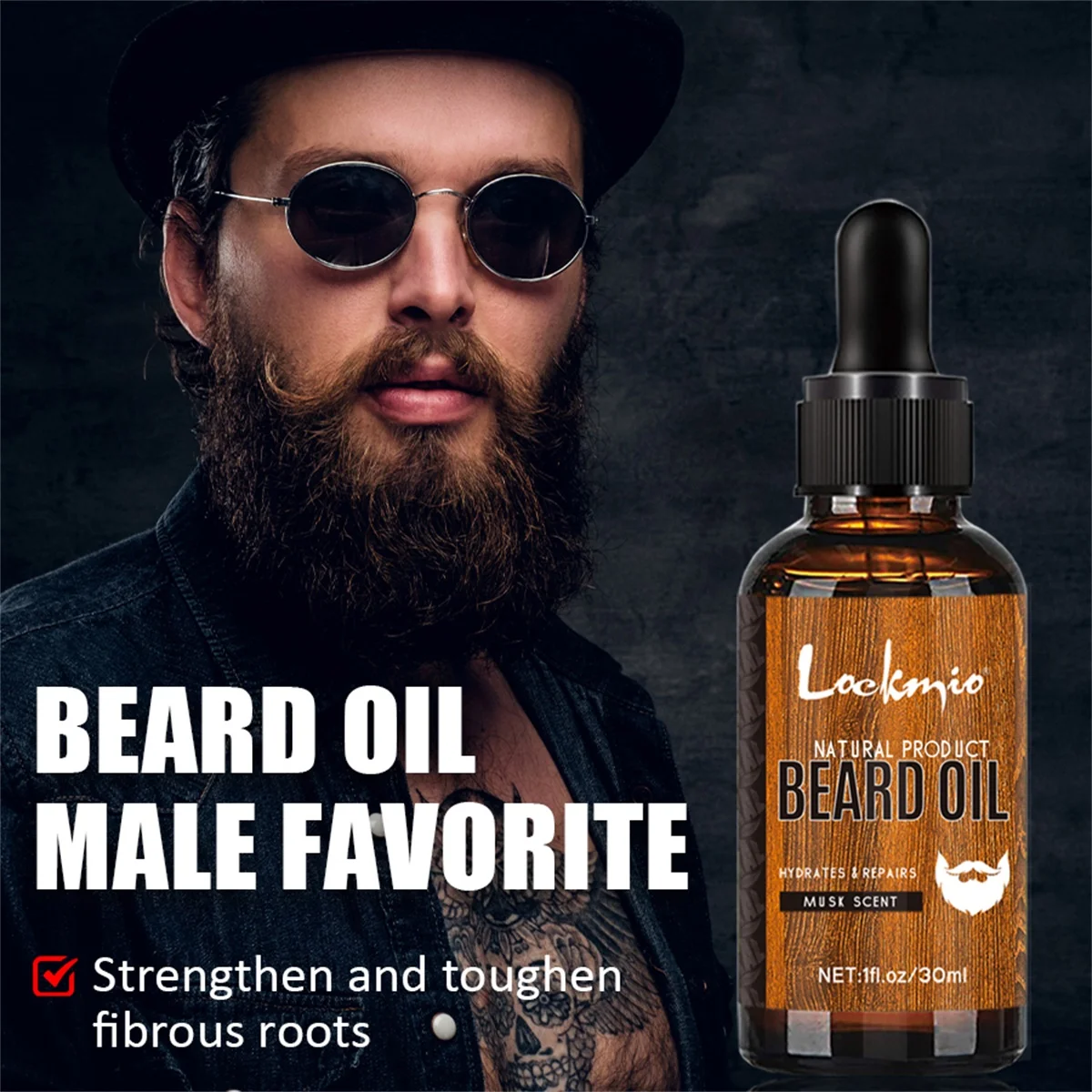 LOCKMIO Musk Scent Beard Oil Men Beards Conditioner Moisturizing & Smoothing Beard Serum Trimming Clipper Beards Brush Comb 4pcs