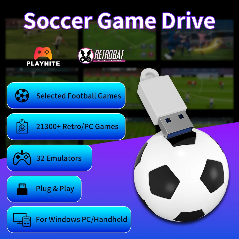 

Футбольный игровой привод 256G USB Game Stick с 21300 + ретро/ПК-играми для PS3/PS2/WIIU/NES/SNES/N64 для ПК с ОС Windows, портативный и ROG ALLY
