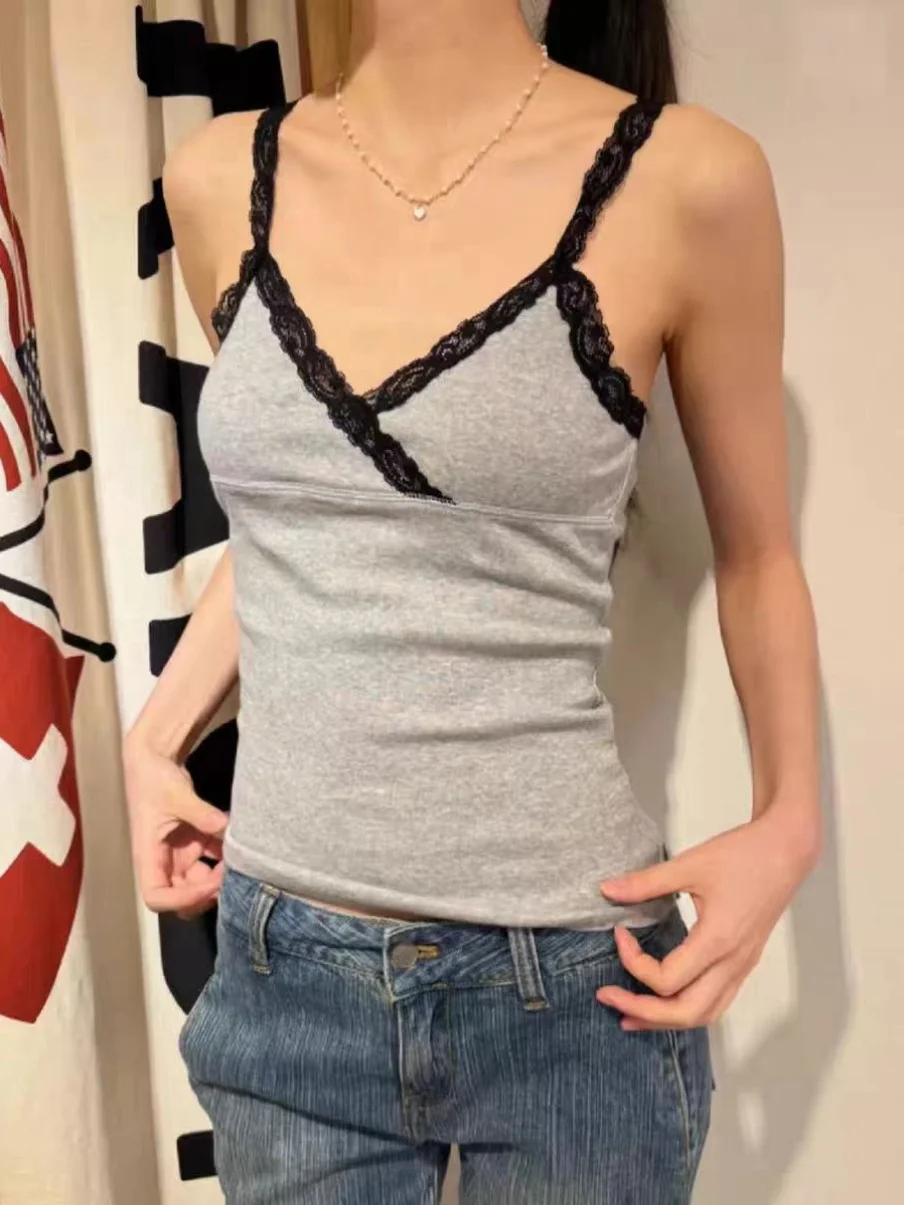 Lace V-neck Chic Suspender Tank For Women 2024 New Solid Color Casual Summer Vest Cotton Sleeveless Gray Bottom Y2K Harajuku Top