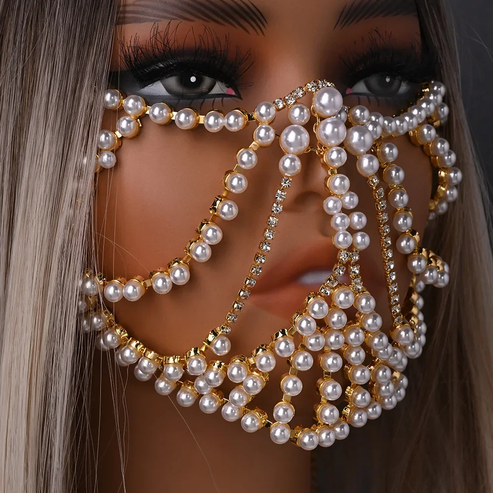Fashion Pearl Mask Music Festival Makeup Gala Wedding Party Rhinestone Mask