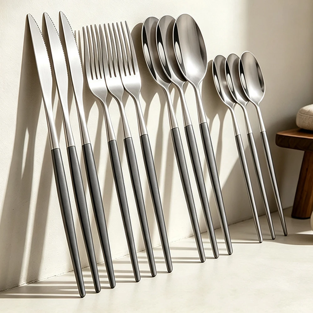 12Pcs/Set Black Silver Wedding Cutlery Set Stainless Steel Tableware Knife Fork Spoon Dinnerware Set Kitchen Flatware Silverware