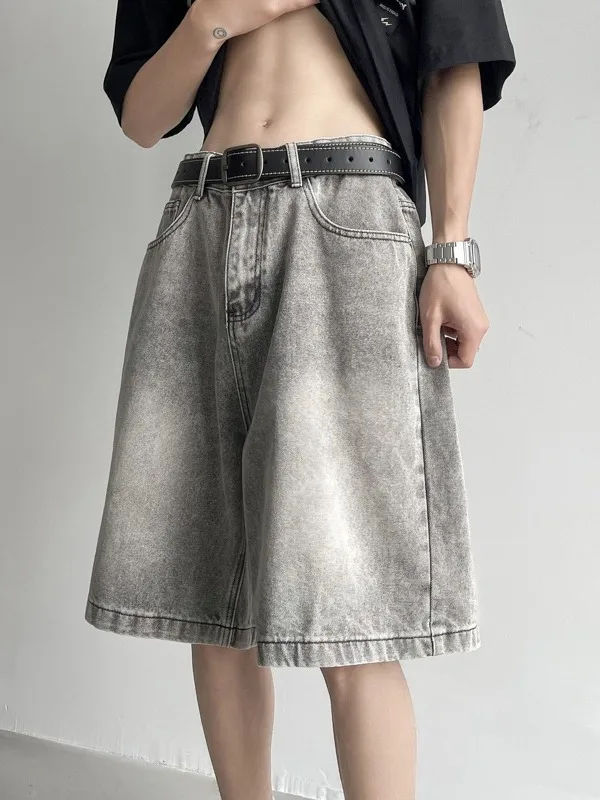 

Vintage ey Denim orts Men's Summer Casual Straight Leg Five-Quarter Length Trousers Worn-look Youth Faion Loose Fit