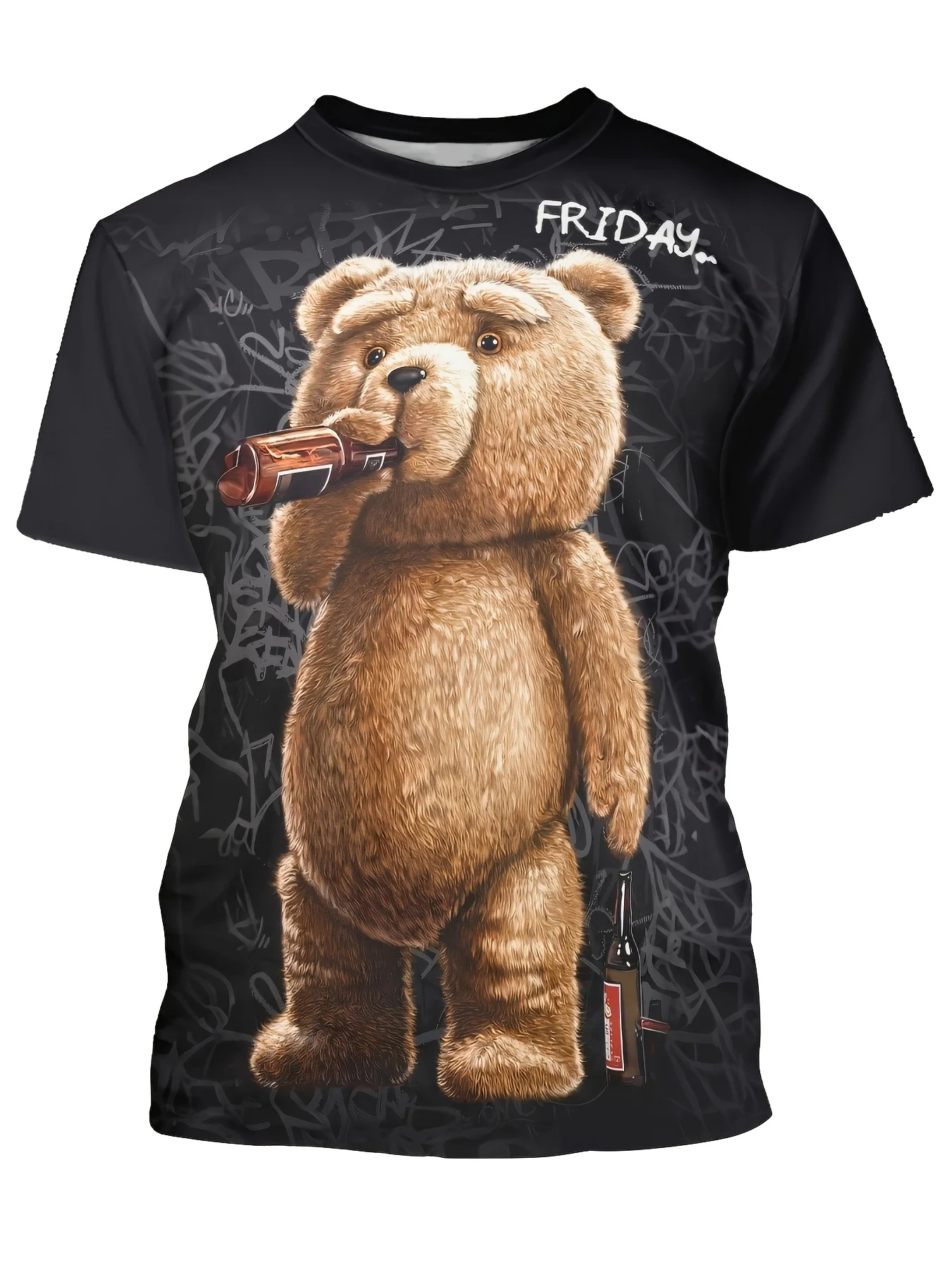 Men'S Funny Cartoon Bear Print T-Shirt,100% Polyester Knit Fabric,Casual Crew Neck Tee with Slight Stretch,Regular Fit - Black - Image 3