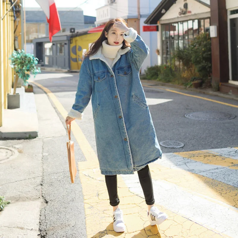 2023 New Fashion Womens Femmes Long Coats Denim Overcoat Single Breasted Warm Fur Lining Loose Fit BF Style Female Top