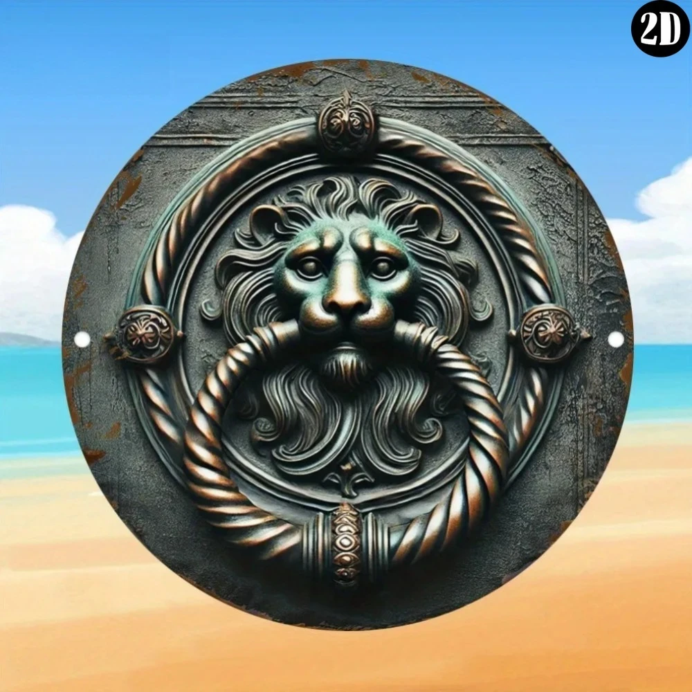 Retro Lion Head Doorbell Metal Sign - Bronze Finish | Waterproof & Dustproof 2D Flat Wall Art with Scroll Design
