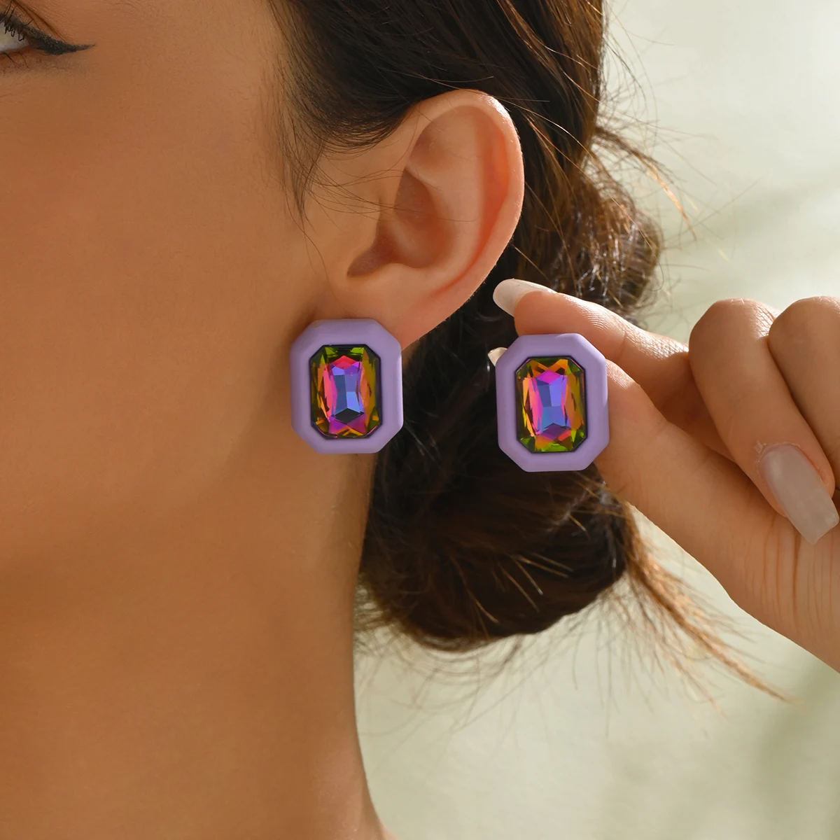 Square Stud Earrings for Women Fashion Geometric Vintage Colorful Rhinestone Earrings Female Ladies Party Ear Jewelry