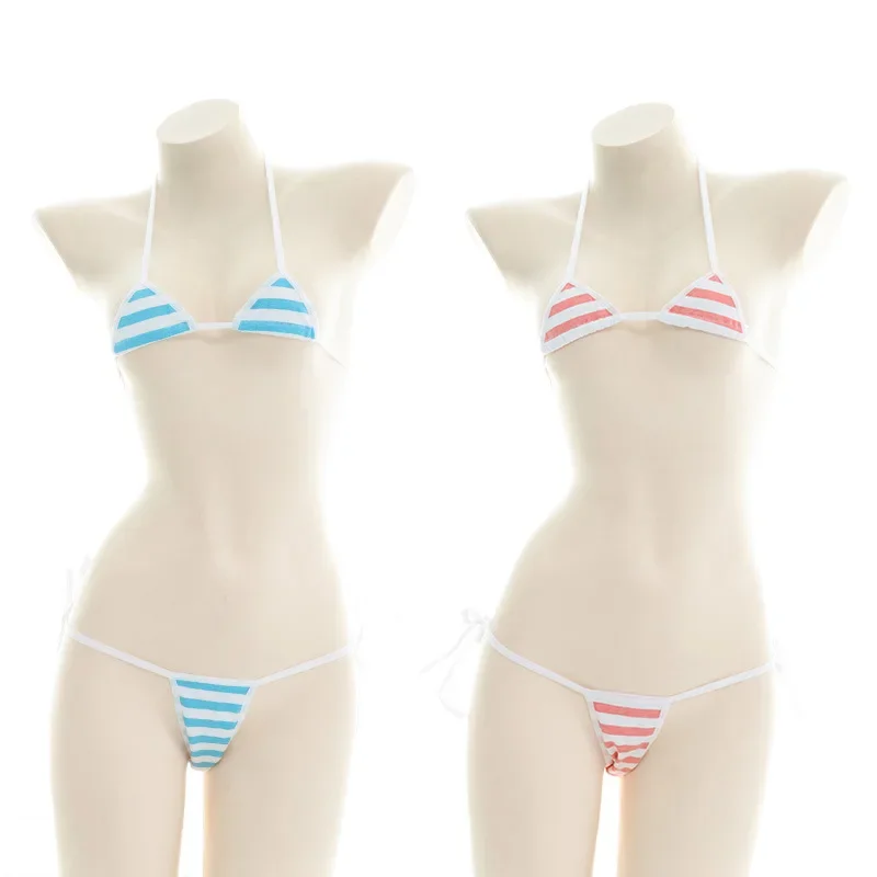 Japan Lolita Kawaii Blau Rosa Weiß Gestreifter Mini-Bikini Erwachsenen-Cosplay Damen BH Unterwäsche Set Frenum Badeanzug