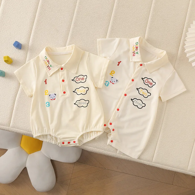 

Summer Korean Style Baby Newborn Onesie - Lapel Collar Cartoon Letter Patterns Short Sleeved Short Legged Romperr & Bodysuit