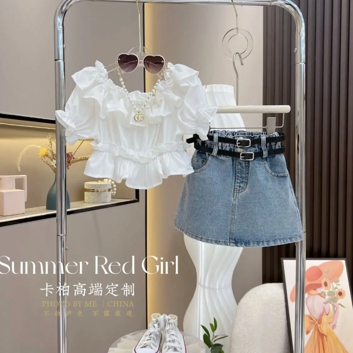 Retail  New Baby Girls  Summer Fashion Teenage Sets,  Ruffles  T-shirt + Jean Skirts    3-10 T