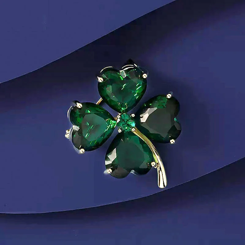 Lucky Grass Brooch Four-leaf Clover Vintage Emerald Color Brooch Lapel Pin Female Wedding Suit Jewelry Accessories