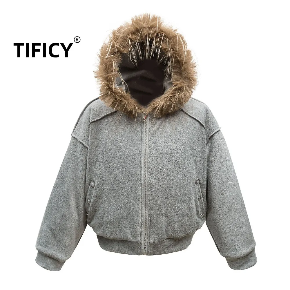 

New Winter Hooded Fur Collar and Plush Jacket Women's American Retro Lamb Wool Warm Padded Body Hoodies Jacket Coats