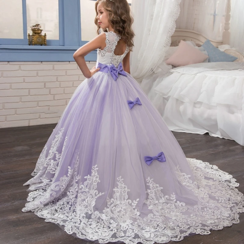 Robes de demoiselle d'honneur violettes avec ceinture à nœud, tulle, diamant blanc, princesse, mariage, anniversaire, banquet