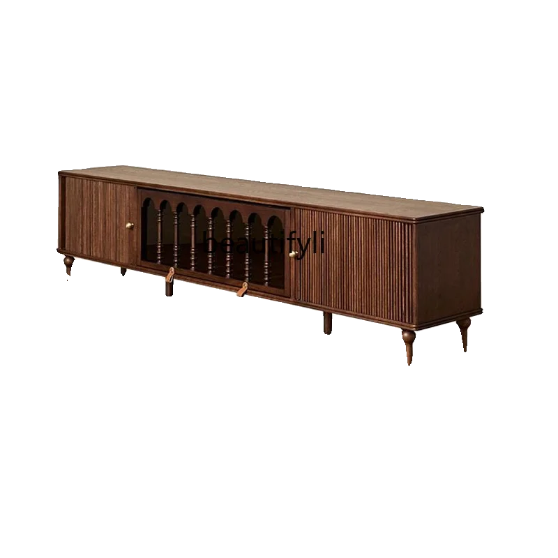 

French Retro Oak Solid Wood TV Cabinet Nordic Simple Small Apartment American Black Walnut Pure Solid Wood Audiovisual Cabinet