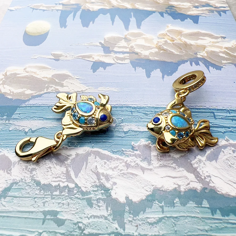 Colourful Fish Gold Plated Pendant Charms DIY Jewelry Summer Cute 100% 925 Sterling Silver Gift