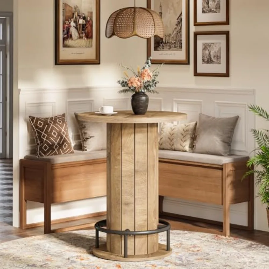 

Small Round Bar Height Dining Table with Footrest Brown for Small Spaces Kitchen Dining Room Bar Bistro Pub Compact Design Only