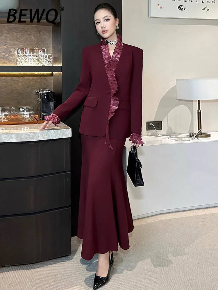 BEWQ Mode dames 2-delige set ruches lange mouw patchwork taille blazer slip slanke rokkostuum avondfeest 2025 herfst nieuw