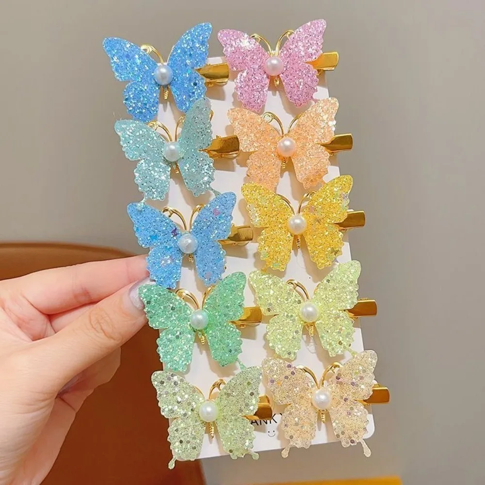 10Pcs New Exquisite Sequin Butterfly Hair Clip Do Not Hurt Hair Cute Pearl Metal Bow Hair Hairgripes Bangs Hairpin Gift