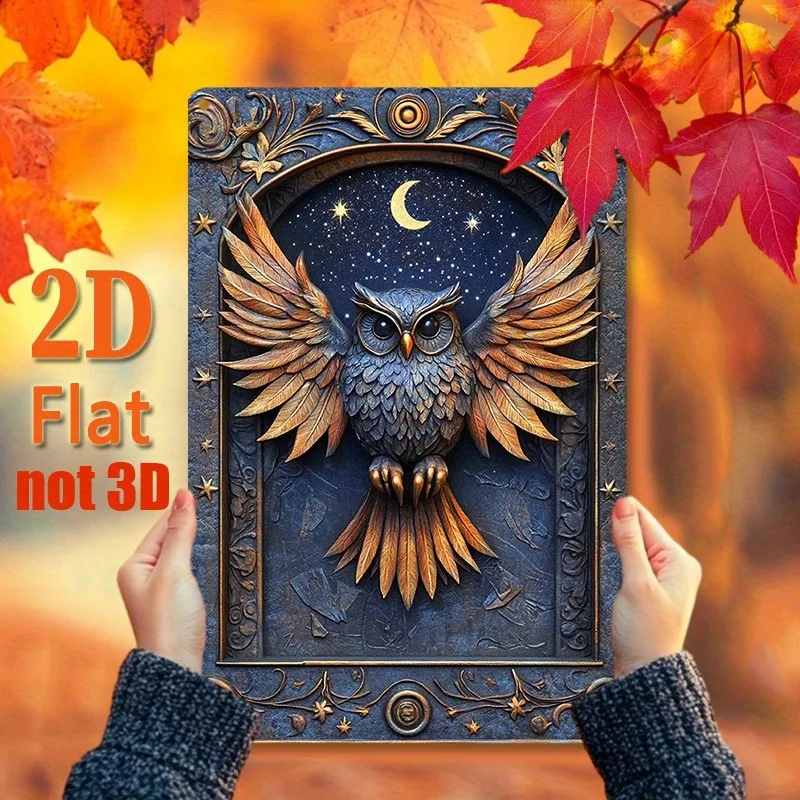 2D Flat Metal Owl Wings Wall Art, Aluminum Celestial Night Sky Design with Stars & Crescent Moon, Holiday Gift, 2D Flat