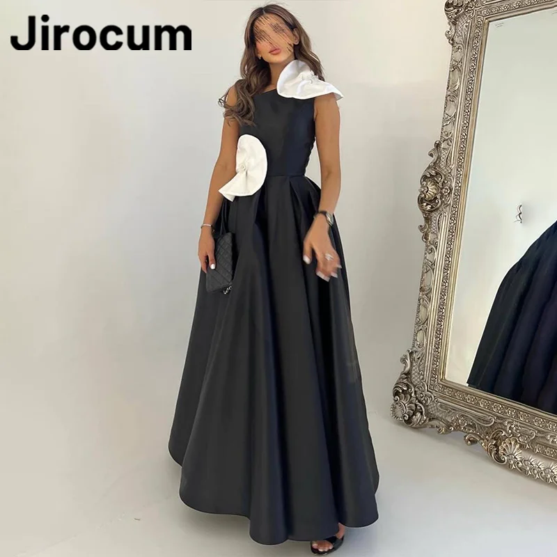 

Jirocum A-line One Shoulder Prom Gowns Women's White Flower Party Evening Dress Black Satin Ankle Length Formal Occasion Dresses