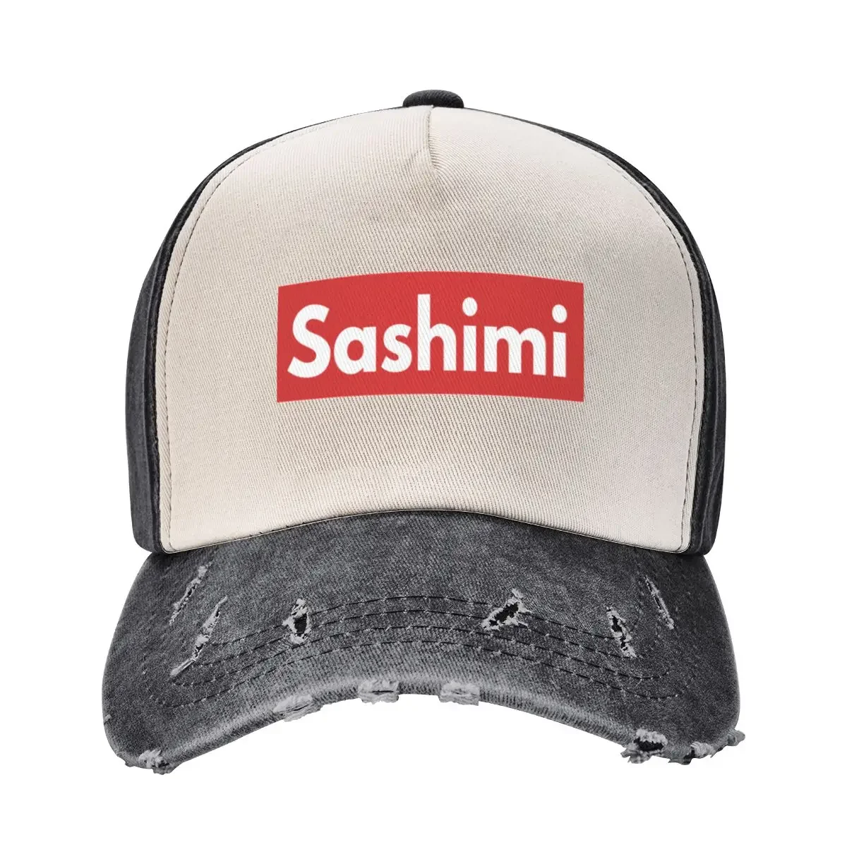 Sashimi The Best Top And The Most Popular Food Lover Gift Red And White Text Based Designed Logo Parody Sarcasm Hu Baseball Cap