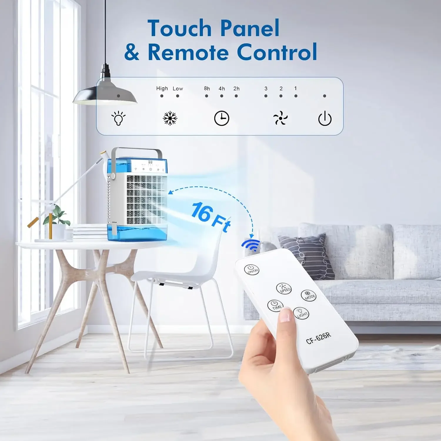 AC Remote kontrol 4-IN-1 dengan pendingin evaporasi tangki ganda 1600ml, Unit AC Mini pribadi dengan 7 lampu warna