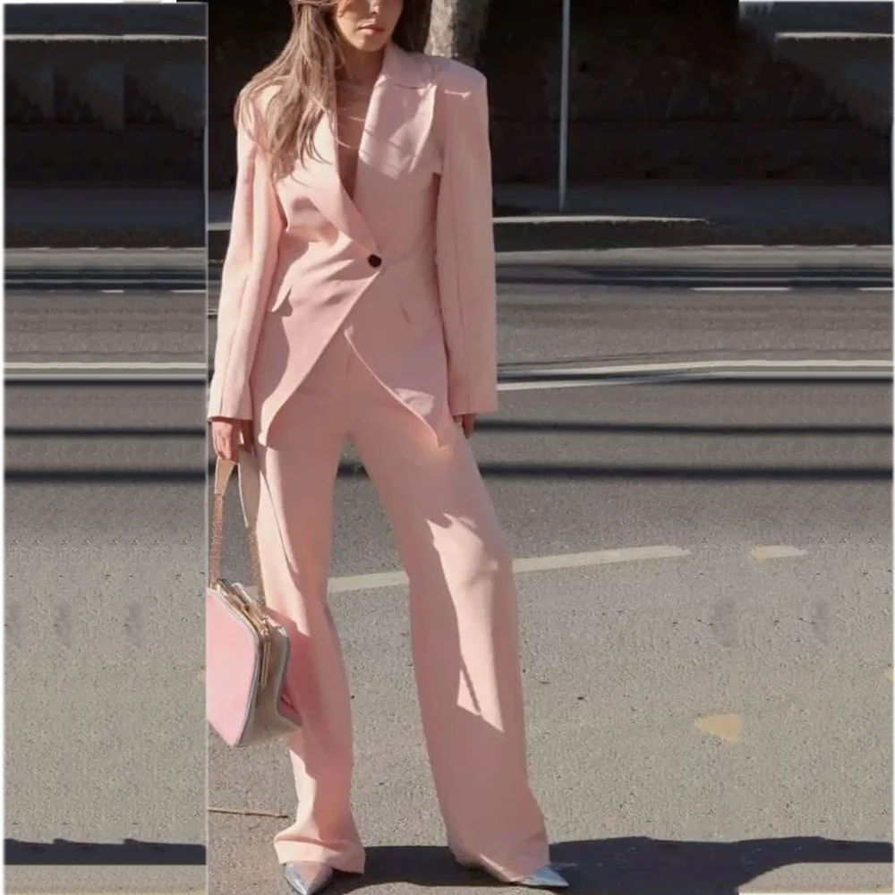 Light Pink Women Suit Modish Single Button Incline Peaked Lapel High Street Casual Outfit Female Daily Fashion Set Two Piece