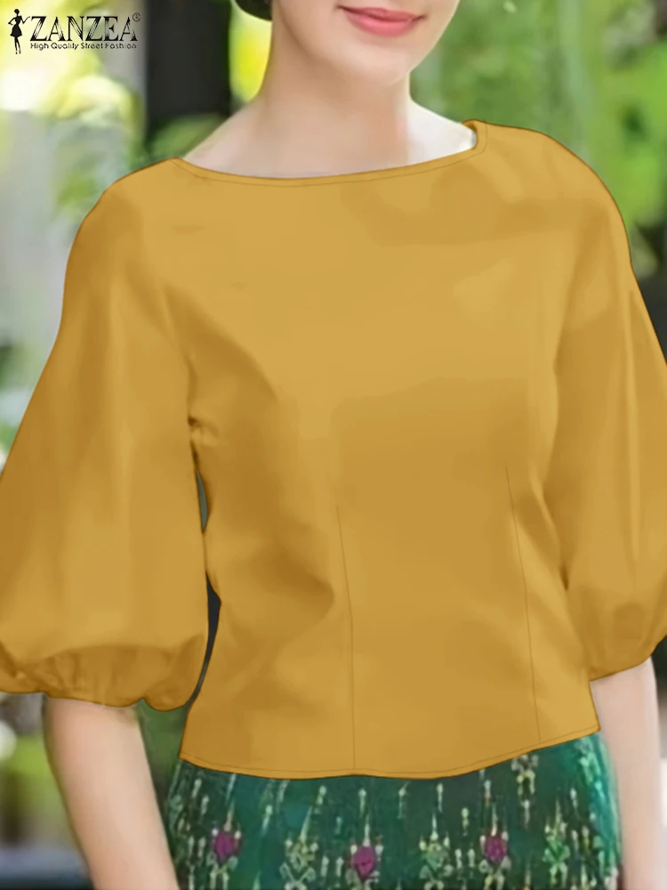 بلوزة عمل أنيقة بأكمام واسعة من ZANZEA قميص صيفي سادة برقبة دائرية قميص نسائي أنيق غير رسمي للعطلات قميص نسائي 2025