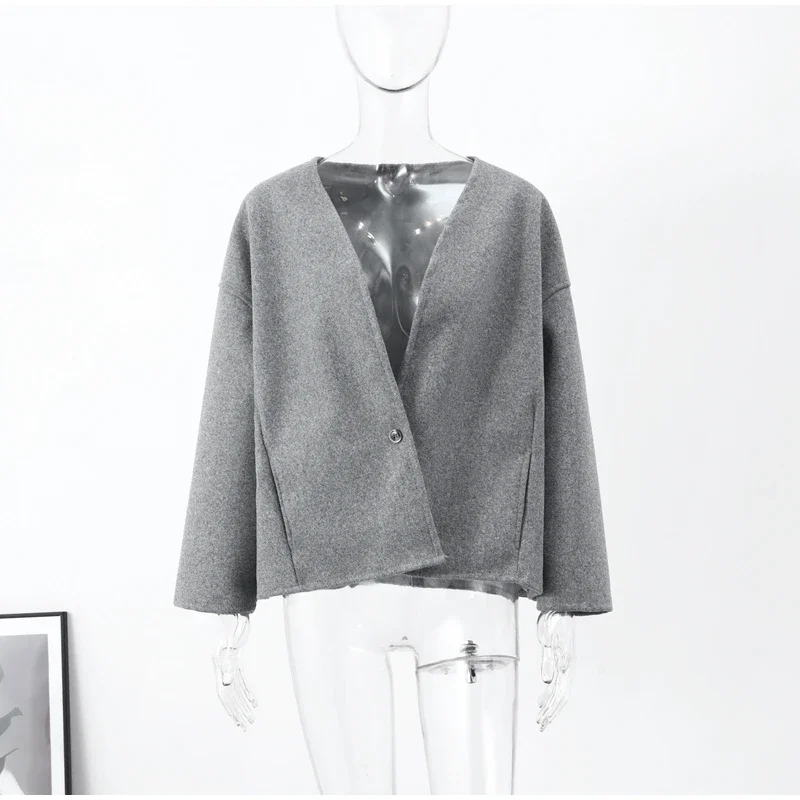 Vintage One Button Woolen Coat Women Gray Loose Long Sleeve V-neck Short Jacket Female Autumn Winter Casual Lady New in Outwears