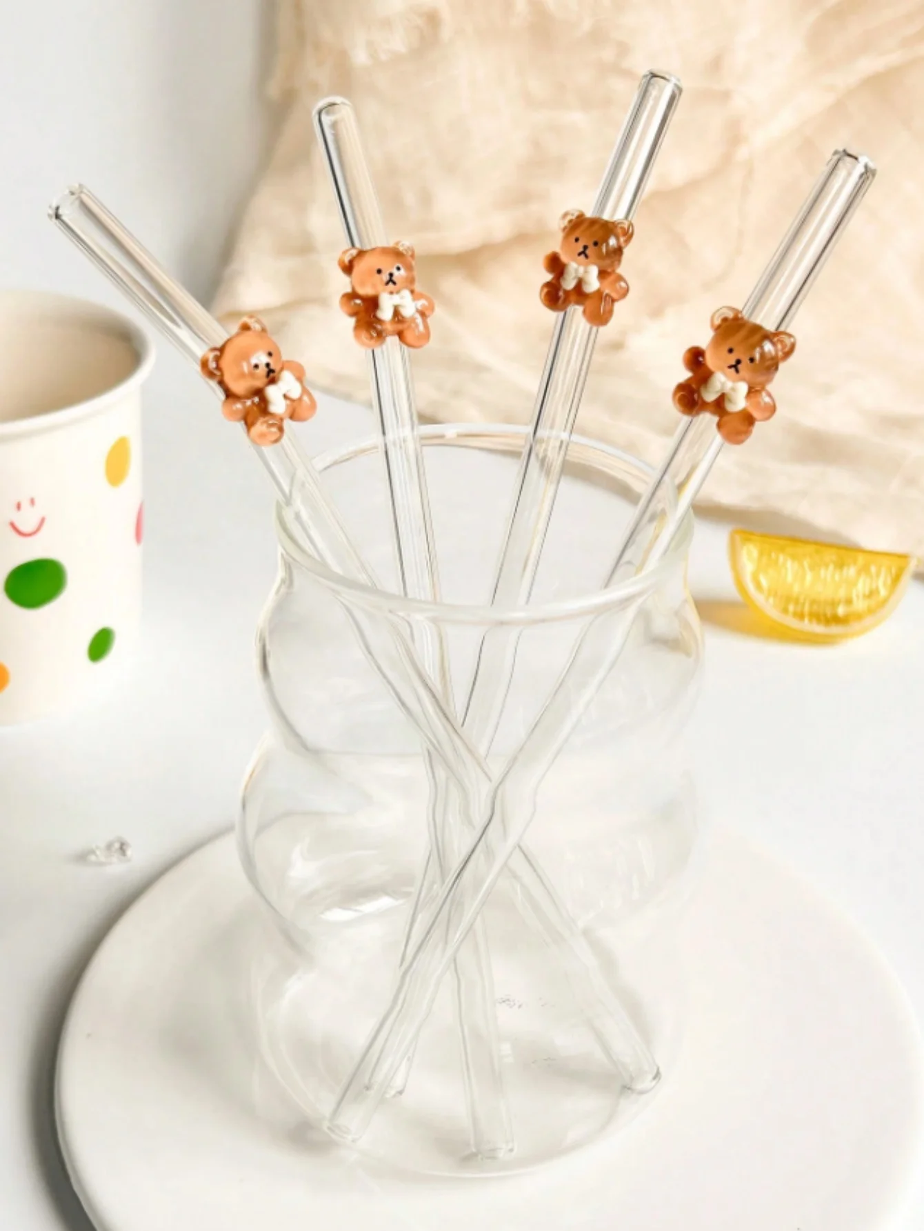 1/5/7 قطعة مجموعة قش الدب الزجاجي، شفاطات منحنية قابلة لإعادة الاستخدام لشاي الحليب والكوكتيلات والمشروبات المثلجة، هدية تاريخ متجر الحلوى المريحة #4