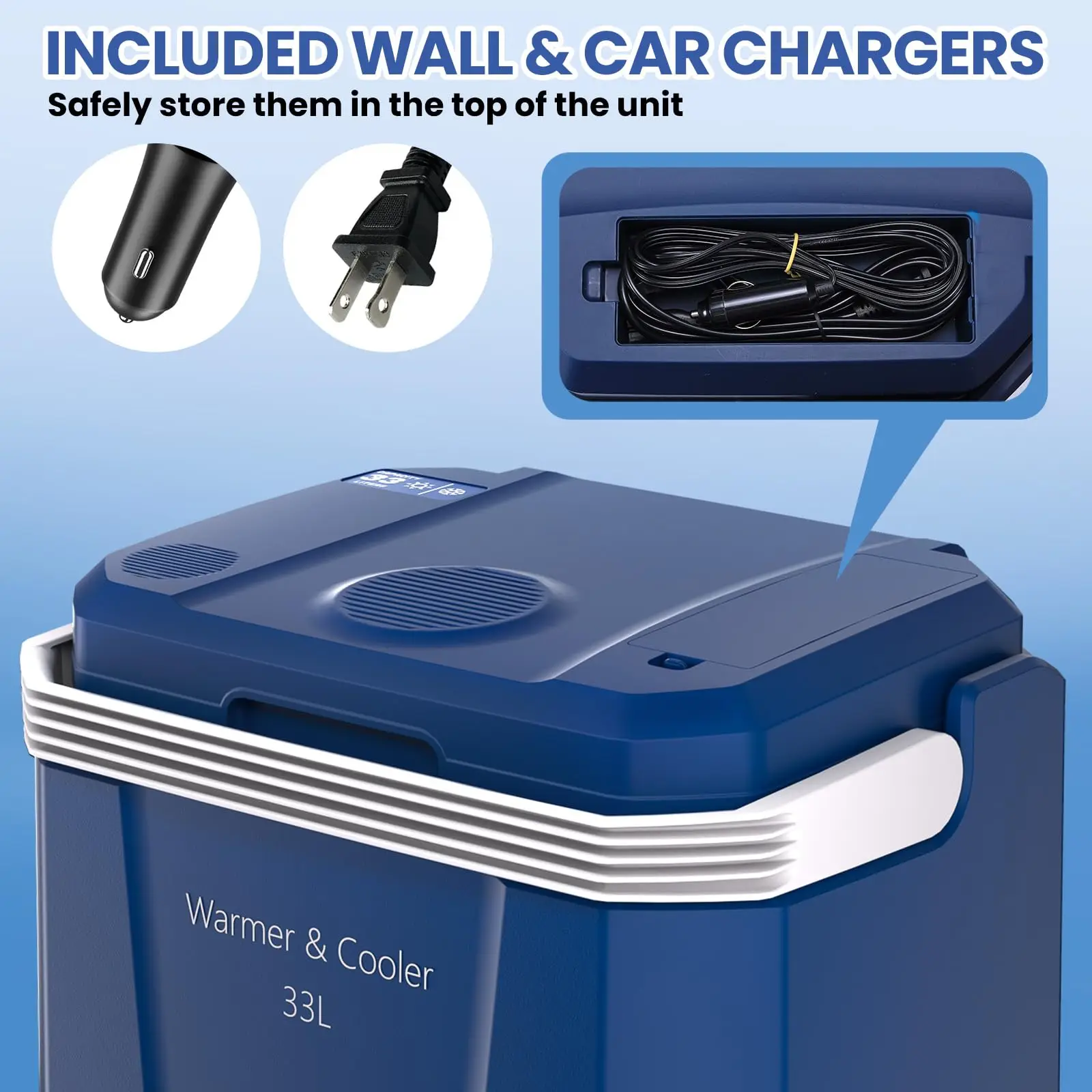 High-Efficiency Portable Car Refrigerator & Warmer – 35 Quart (33L) – Dual 12V/110V Power – Automatic Locking Handle – High-Density PU Insulation – Ideal for Camping, Travel, and Vehicle Use.
