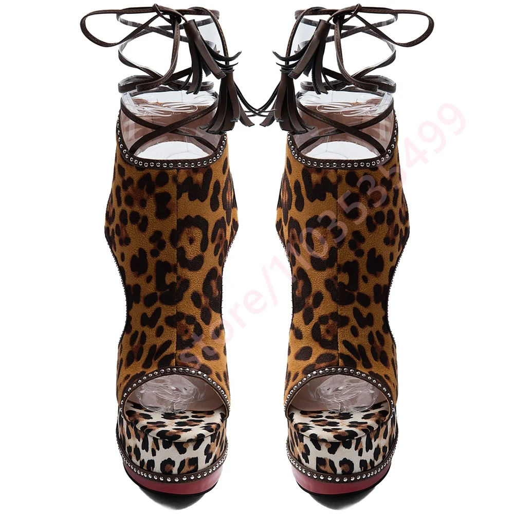 Leopard Print Peep Toe Platform Ankle Sandal Boots Women Rhinestone Trim Ankle Wrap Lace Up Tassel Chunky Heel Party Club Heels