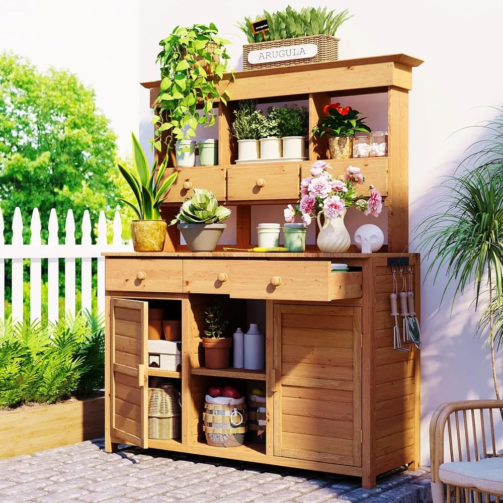 

65 inch Outdoor Potting Bench Table, Large Outdoor Potting Table with Storage, Wood Garden Potting Bench, Garden Work Ben