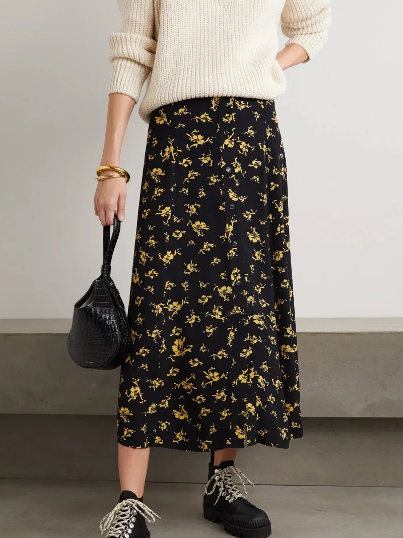 Withered Simple Commuting Single Breasted Half Skirt, Mid Length A-line Skirt Skirt Woman Clothing Faldas Skirts
