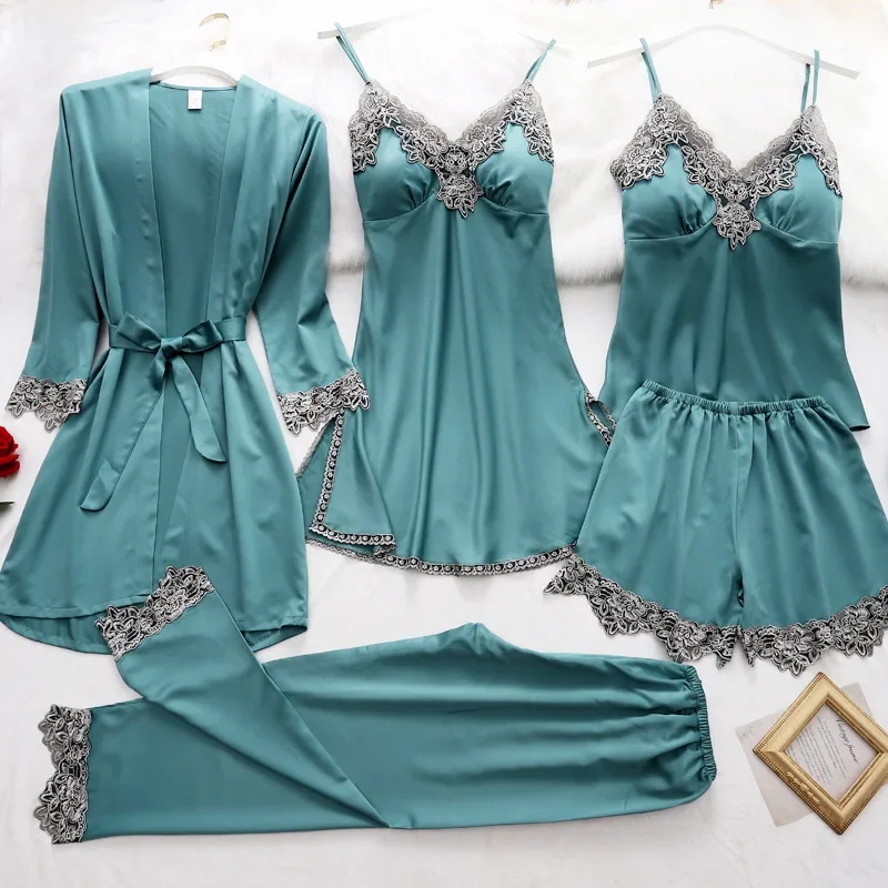 5PC Women Home Nightwear Spring Nightdress Lady Lace Satin Pajamas Gown Set Silk Robe Sleep Suit V-Neck Cami Nighties Wear